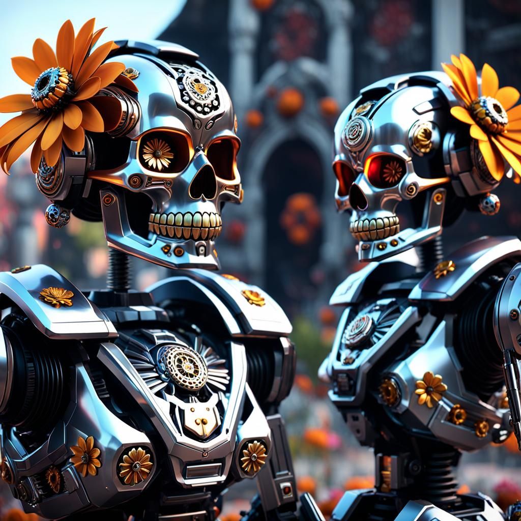 Sugar skull faced mecha bots  celebrating Dia De  Los Muertos, metal flowers , intricate mech details, ground level shot...
