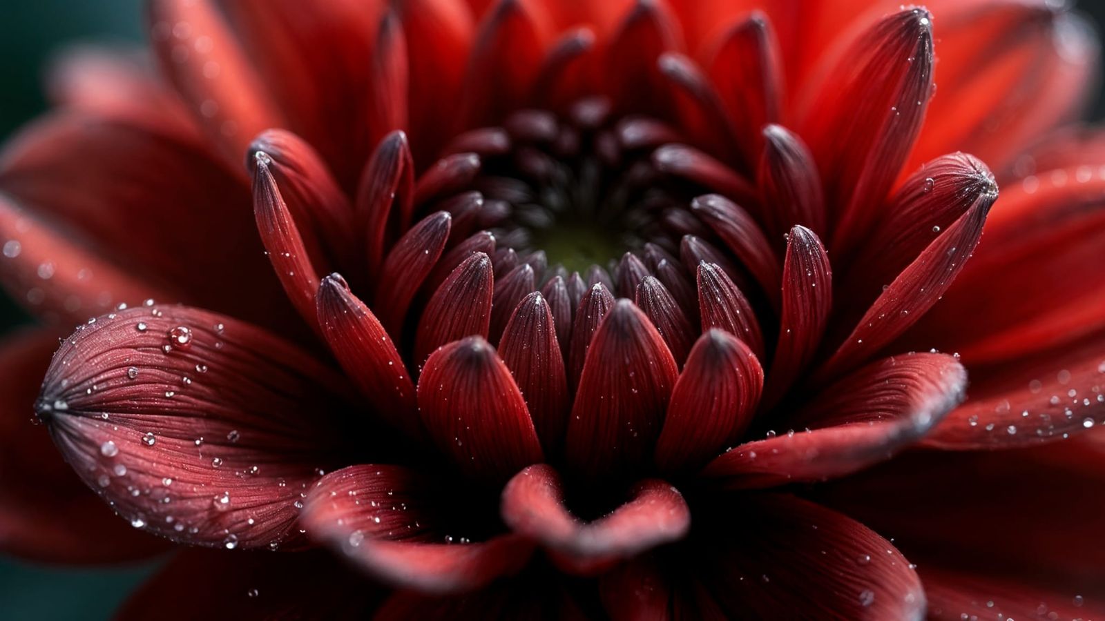 Blood-Red Dahlia with Dewdrop Reflections
