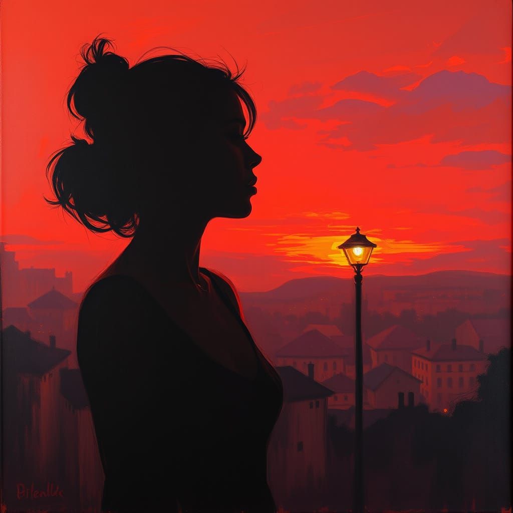 Melancholy Woman in Twilight Cityscape Painting