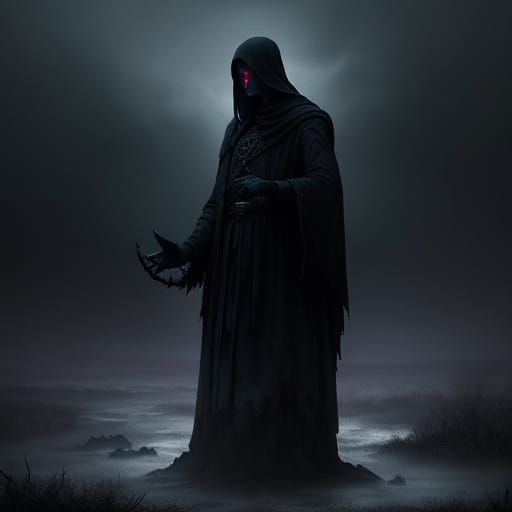 Dark Ritual in Desolate Landscape with Ethereal Glow