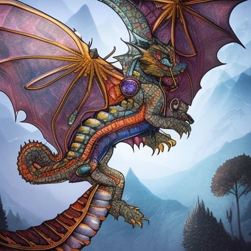 Epic Gemstone Dragoncat with Detailed Ink Drawing