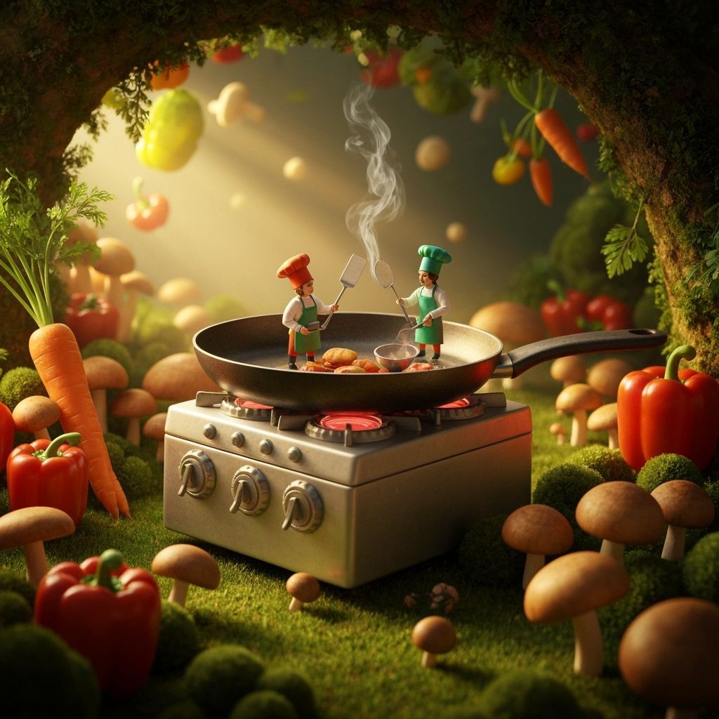 Miniature Chefs Cooking on Giant Stove in Whimsical Forest