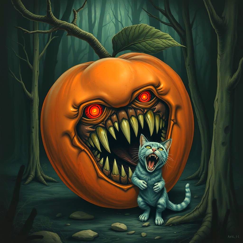 Apple Monster Eats a Cat in Surreal Scene