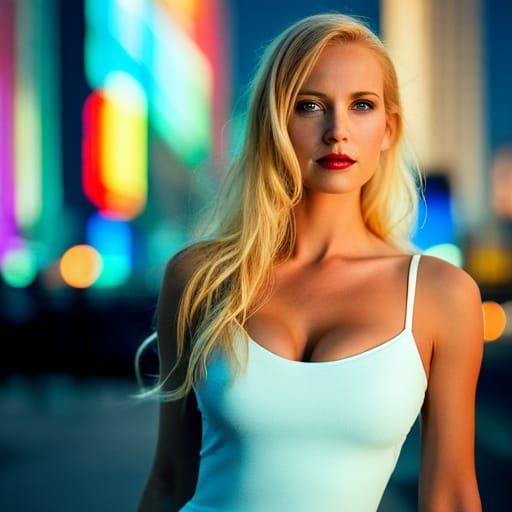Hyperrealistic Woman in Neon Cityscape