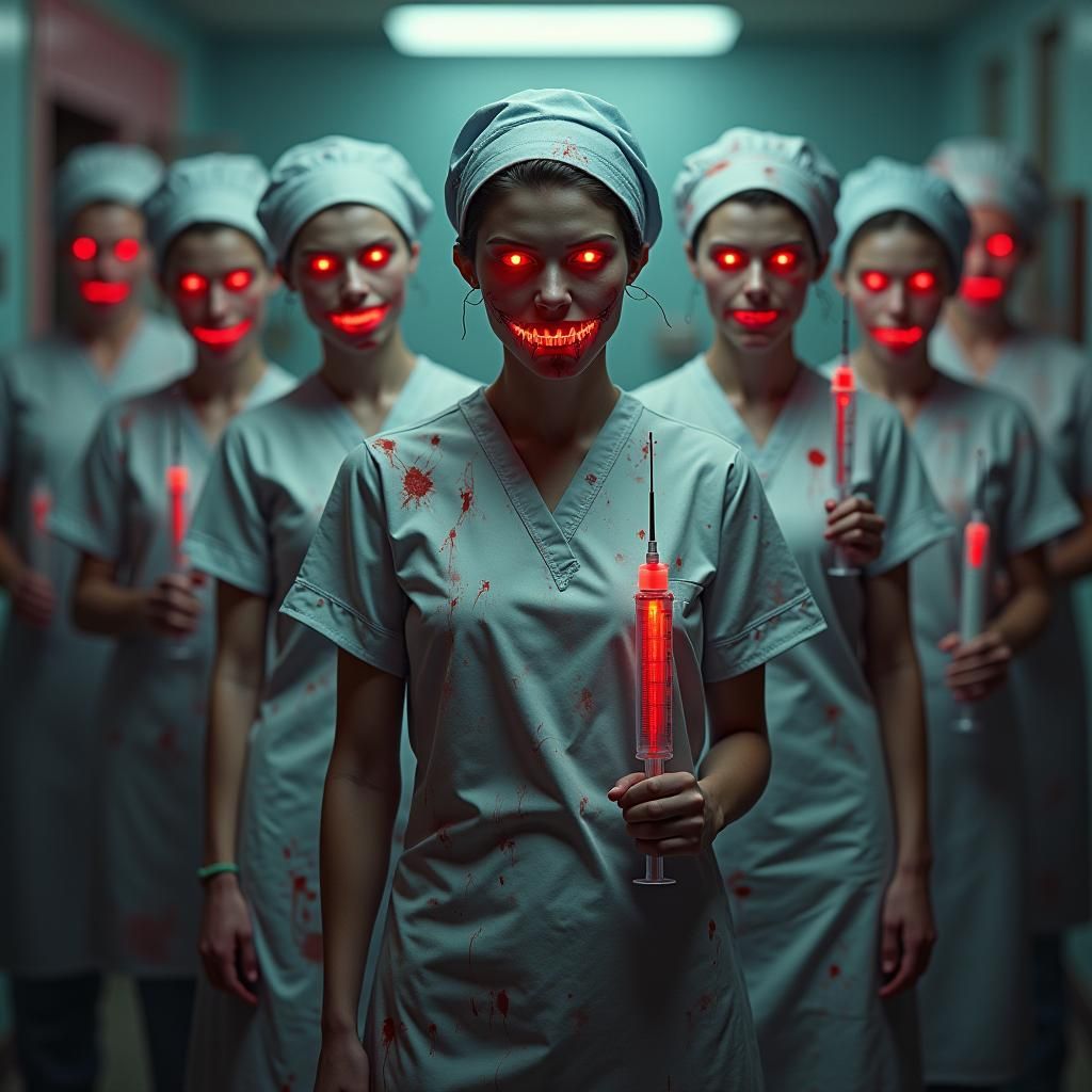 Ominous Nurses with Syringes in Dystopian Setting
