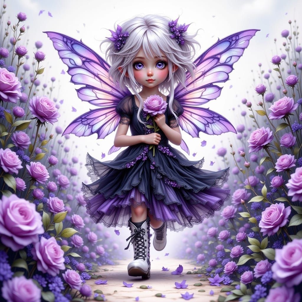 Fairy Girl with Lavender Rose as Color Pencil Sketch