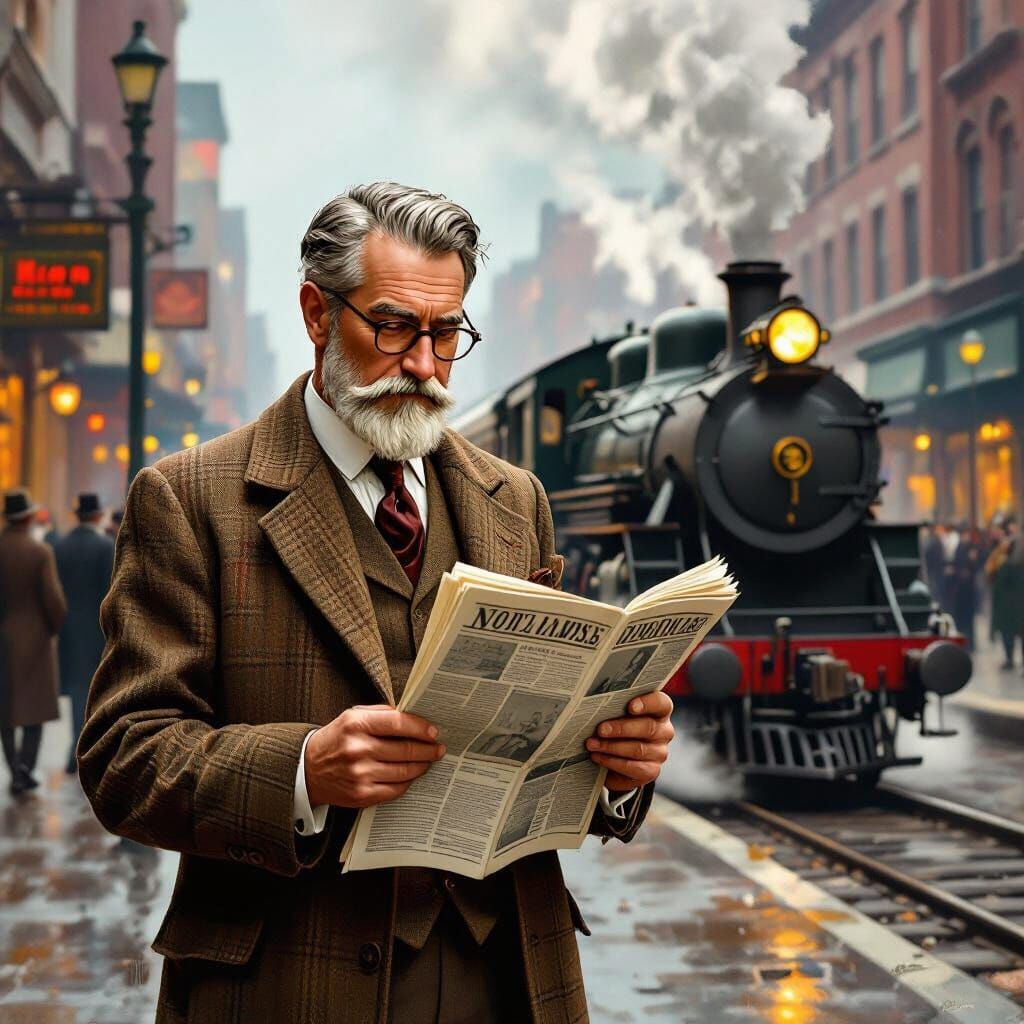 1920s Gentleman Reads Newspaper on Bustling City Street