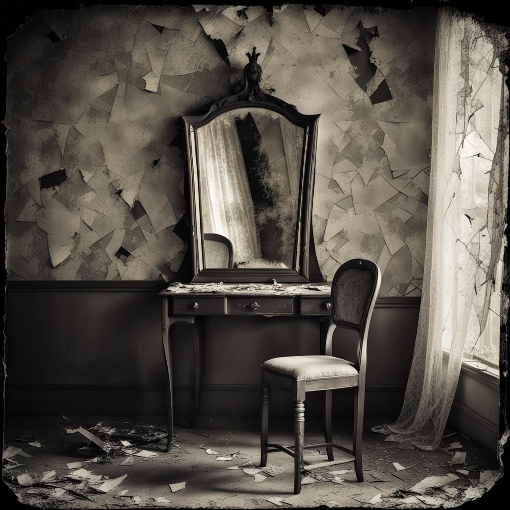 Disturbing Ghost in Shattered Antique Mirror