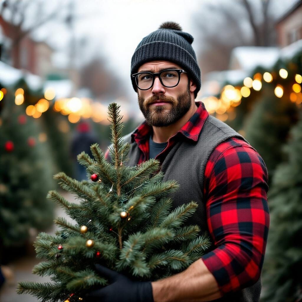 Muscular Man Carries Christmas Tree in Snowy Town