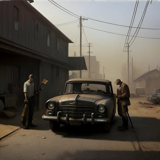 Disillusioned Mechanics and Their Old Car: Realist Painting