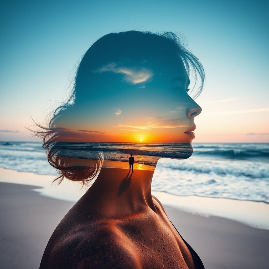 Double Exposure Portrait Blended With Beachscape