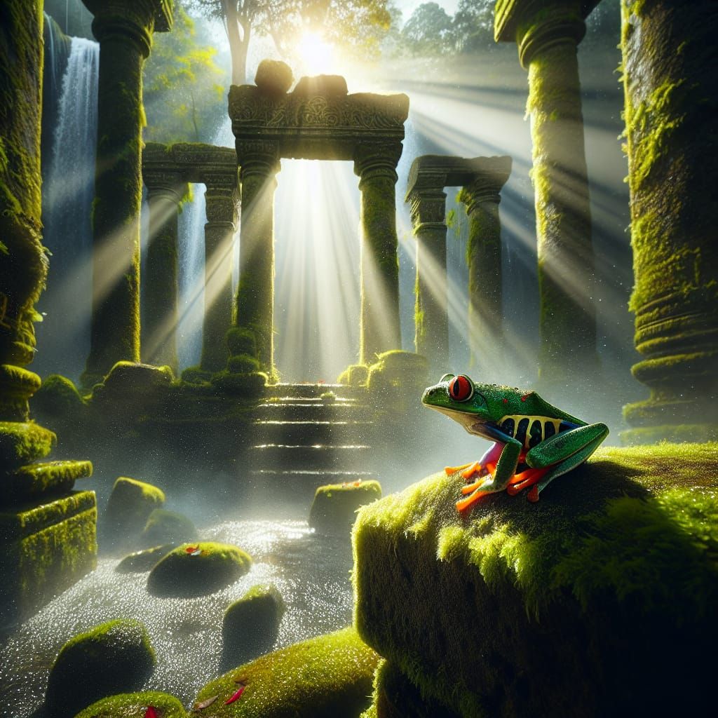Vibrant Dart Frog on Ancient Altar in Sunlit Waterfall