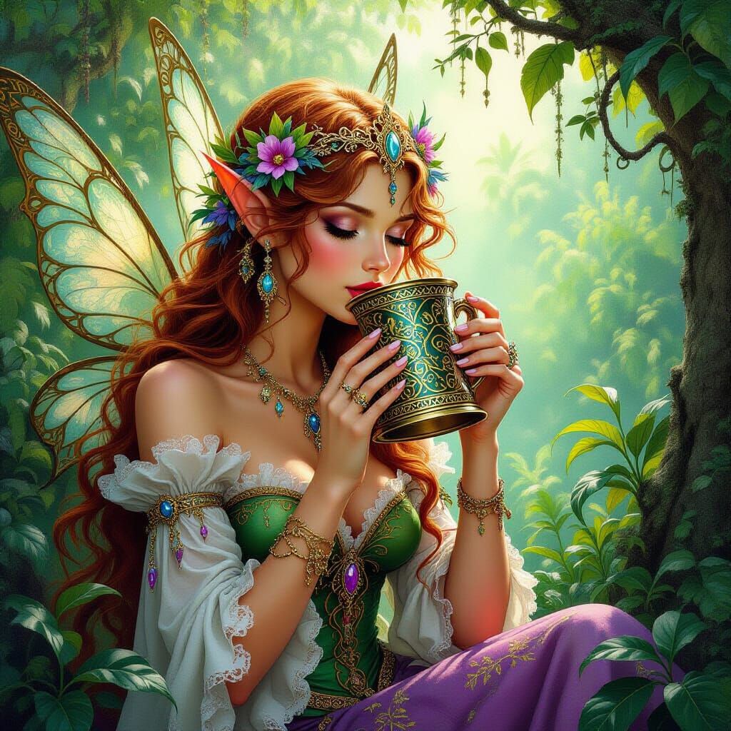 Fairy Sipping Coffee in a Fantasy Oil Painting