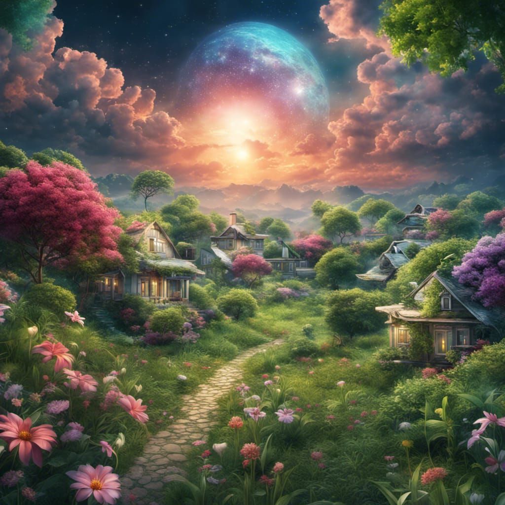 Heavenly Paradise: Green Fields and Diamond Houses