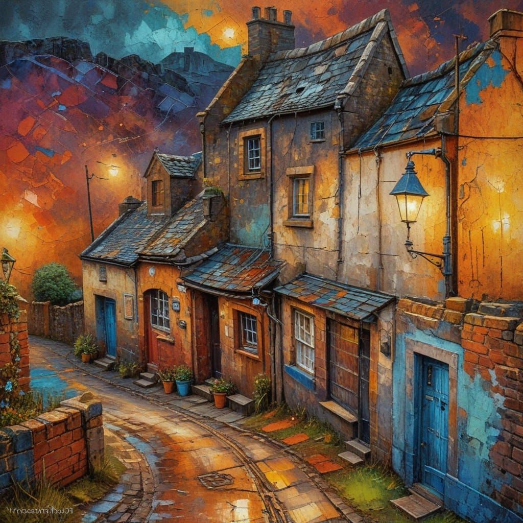 Grungy Impasto Painting of a Vintage Irish Village