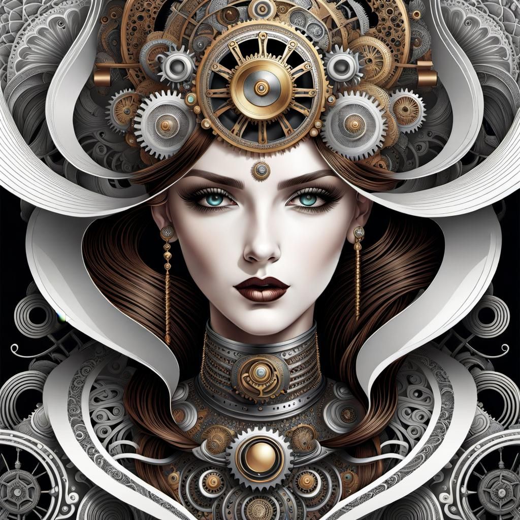Steampunk Portrait with Abstract Fractal Illustration
