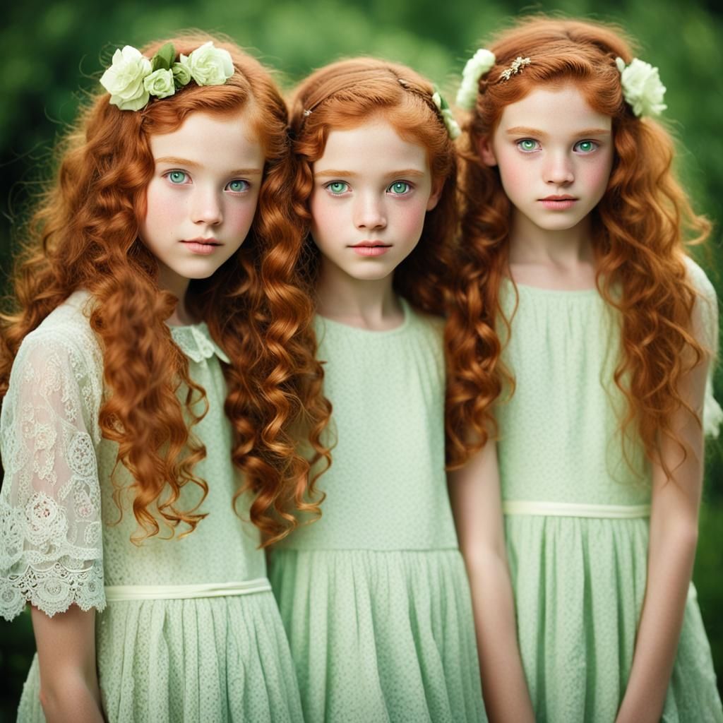 Red-Haired Twin Girls with Freckles in Lacy Dresses