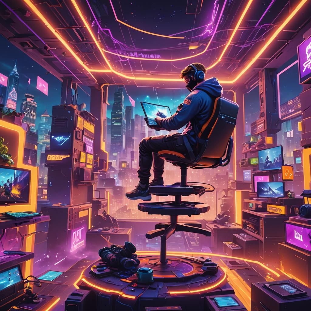 Mr Beast Gaming in a Surreal Cyberpunk Cityscape