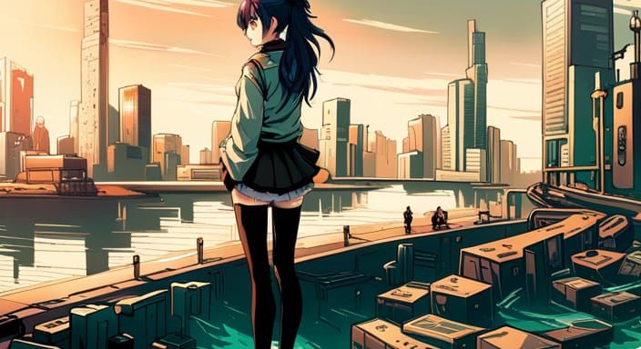 Cyberpunk Artist Overlooking Harbour: Anime-Inspired Digital...