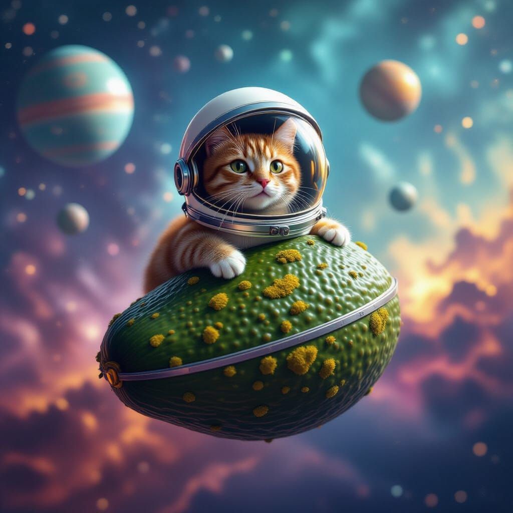 Cat Astronaut on Avocado Spaceship in Nebula