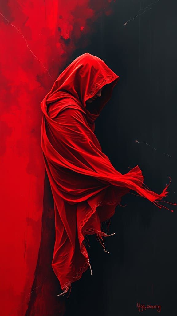 Ethereal Figure in Crimson Shawl Amidst Ebony Void