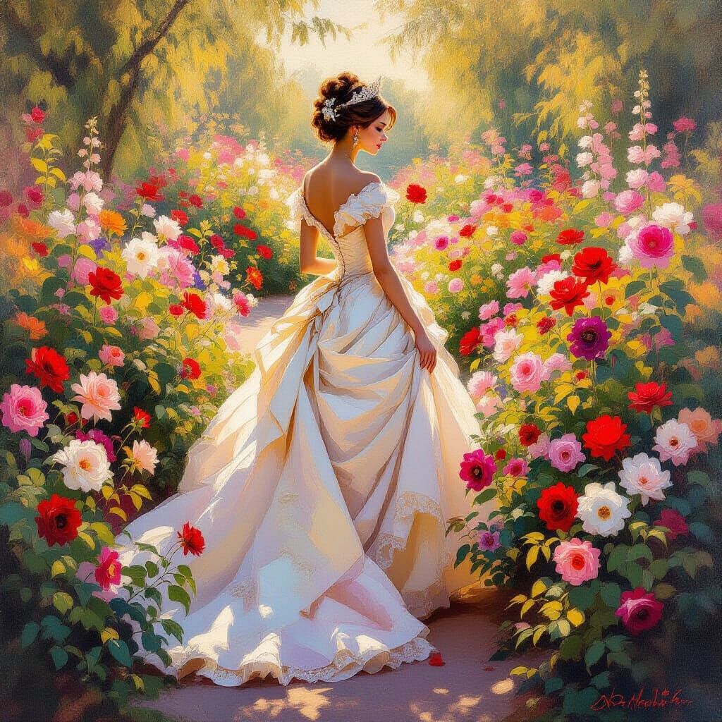 Queen in Lush Garden, Golden Hour Oil Painting