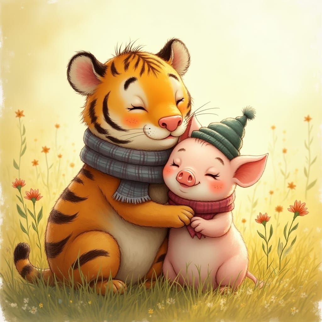 Tiger and Piglet Snuggle in Sunny Meadow