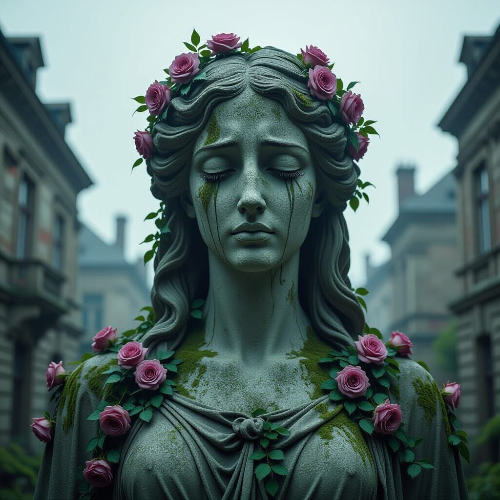 Timeless Statue of Woman Overgrown with Roses in Forgotten C...