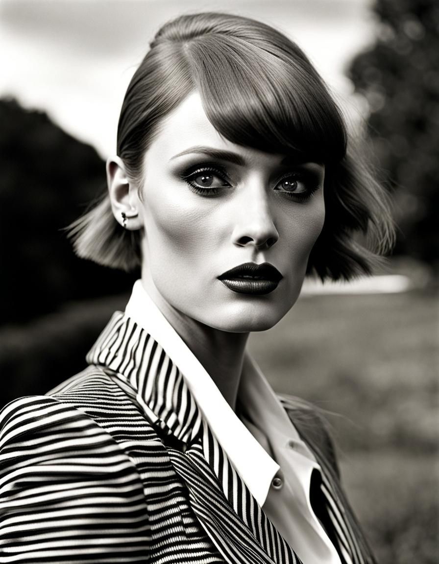 Helmut Newton Style Portrait of Woman in Pinstripes