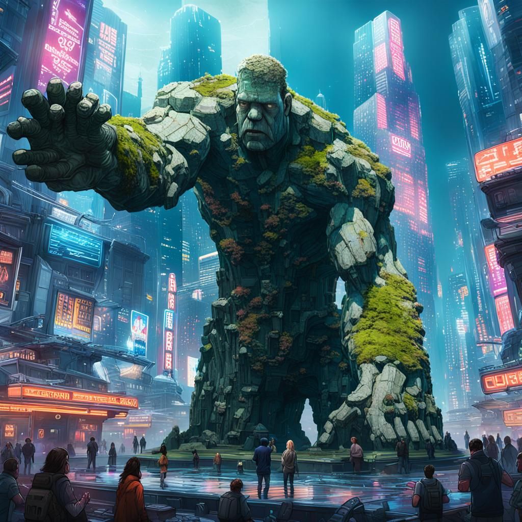 Stone Colossus Over Cyberpunk City