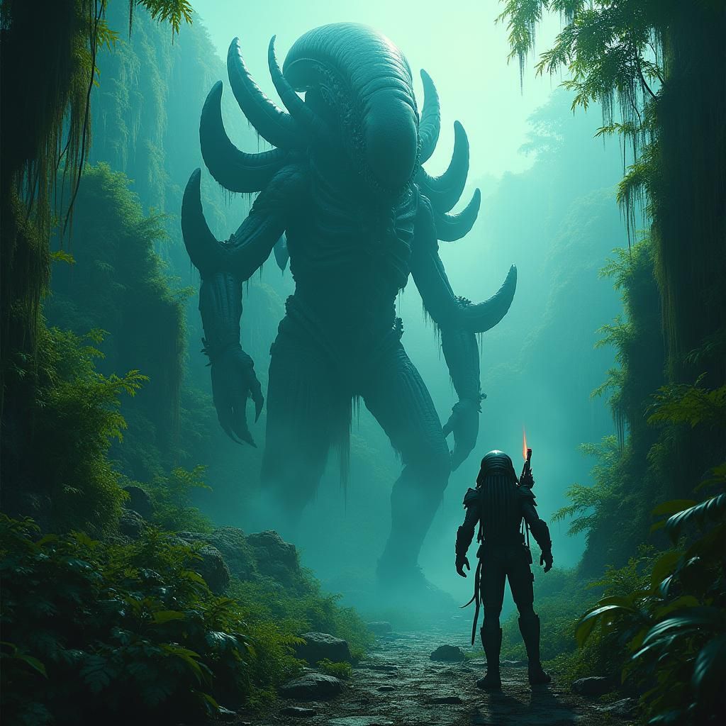 Alien Queen and Predator in Jungle Temple