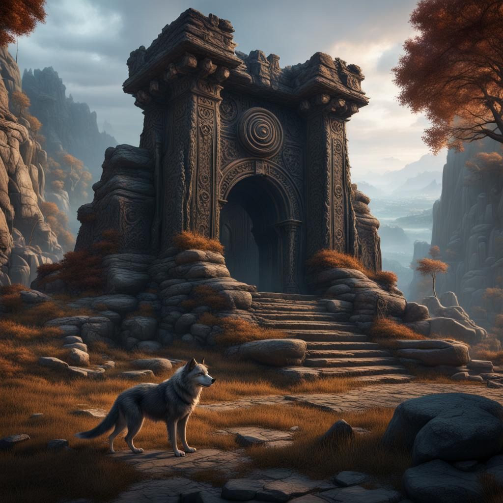 Dire Wolf Guarding Ancient Druid Temple Matte Painting