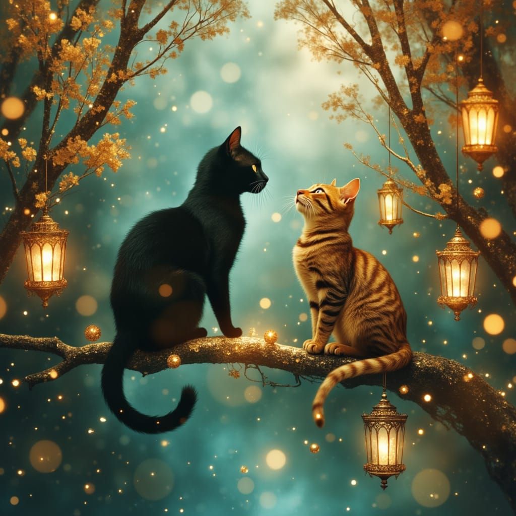 Enchanting Cats in a Magical Moonlit Realm