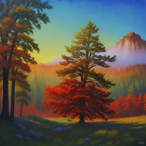 Hyperrealistic Red Tree Impasto Gouache Masterpiece