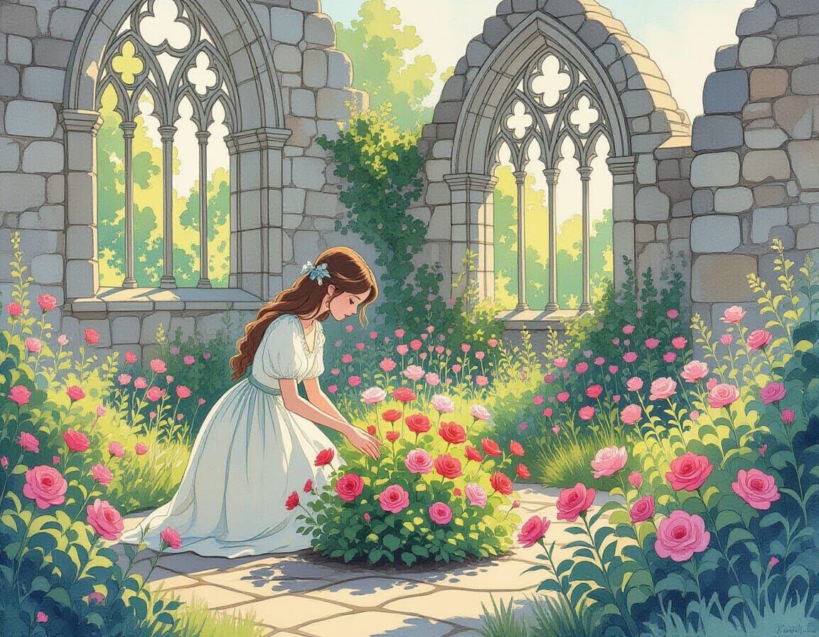 Mystical Garden Scene in Watercolor Illustration Style