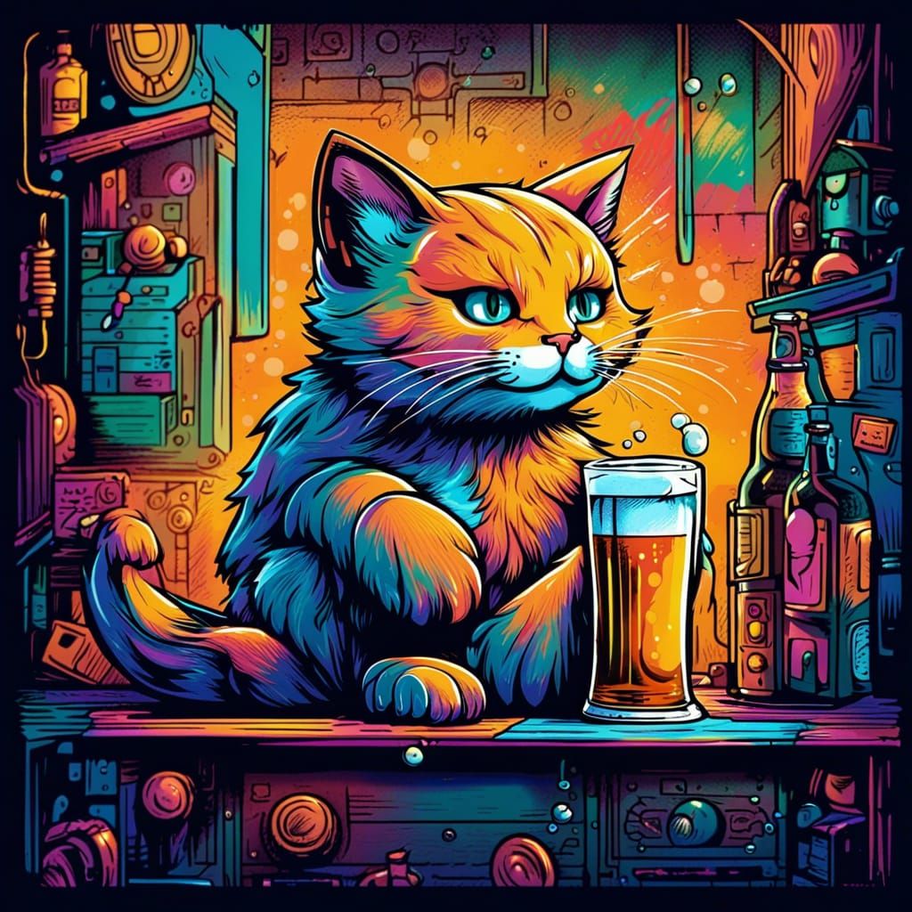 Cute Kitty drinking a beer, art by Hanna-Barbera and Dan Mumford.