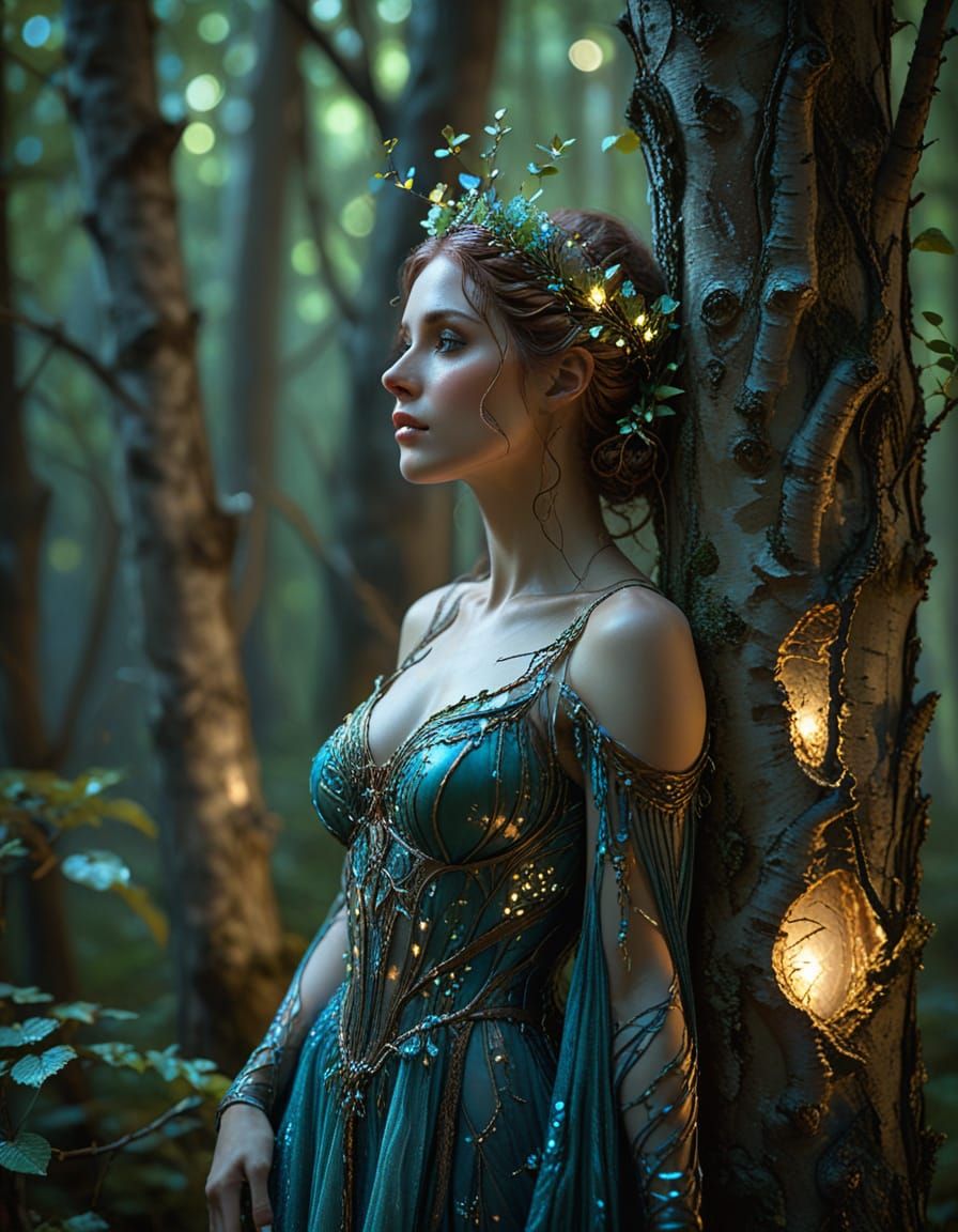 Dryad in Bioluminescent Forest, Romantic Atmosphere