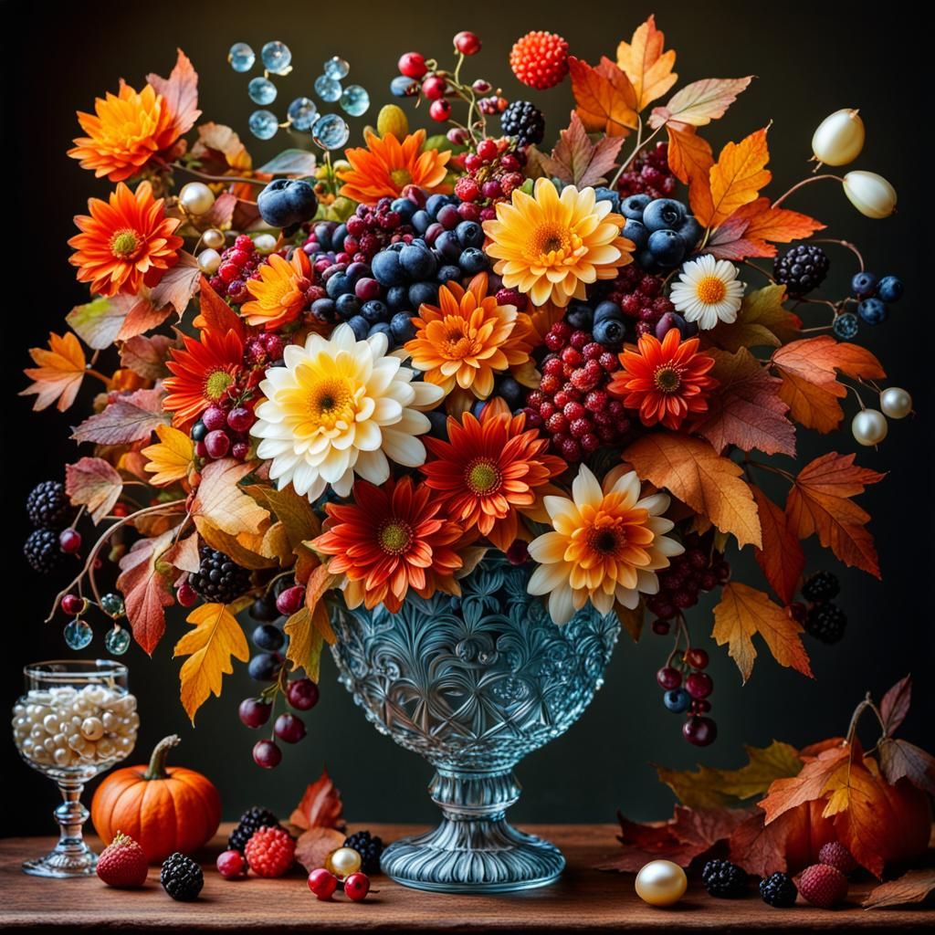 Ornate Glass Vase with Autumn Flowers