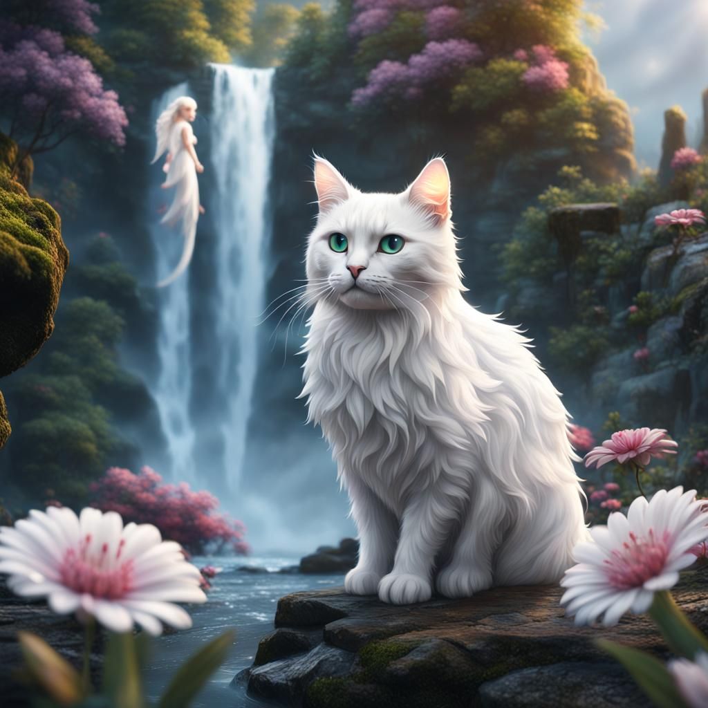 Angelic White Cat with Flower by Waterfall
