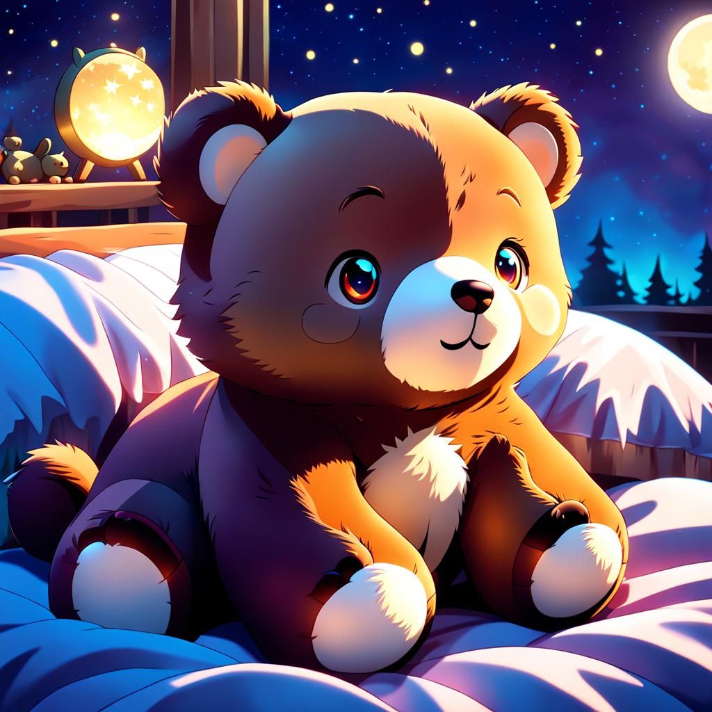 Cute Anime Bear Plushie in Moonlight