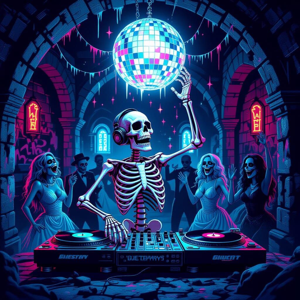 Skeleton DJ Spins Records at Neon Crypt Party