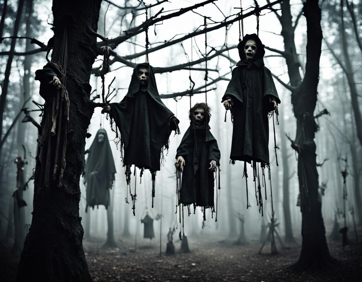 Sinister Puppets Hanging in a Dark Forest Graveyard