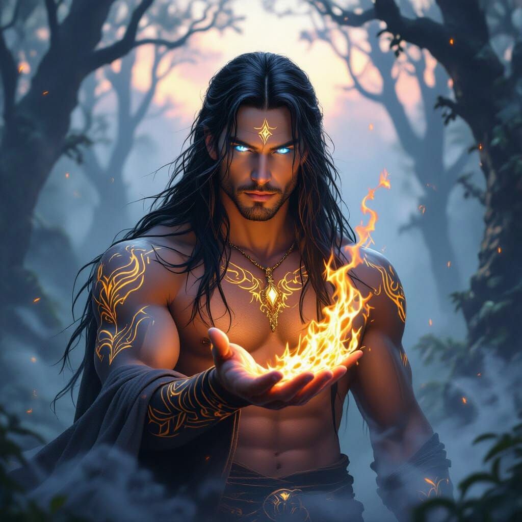 Mystical Fire Mage with Glowing Markings in Twilight Forest