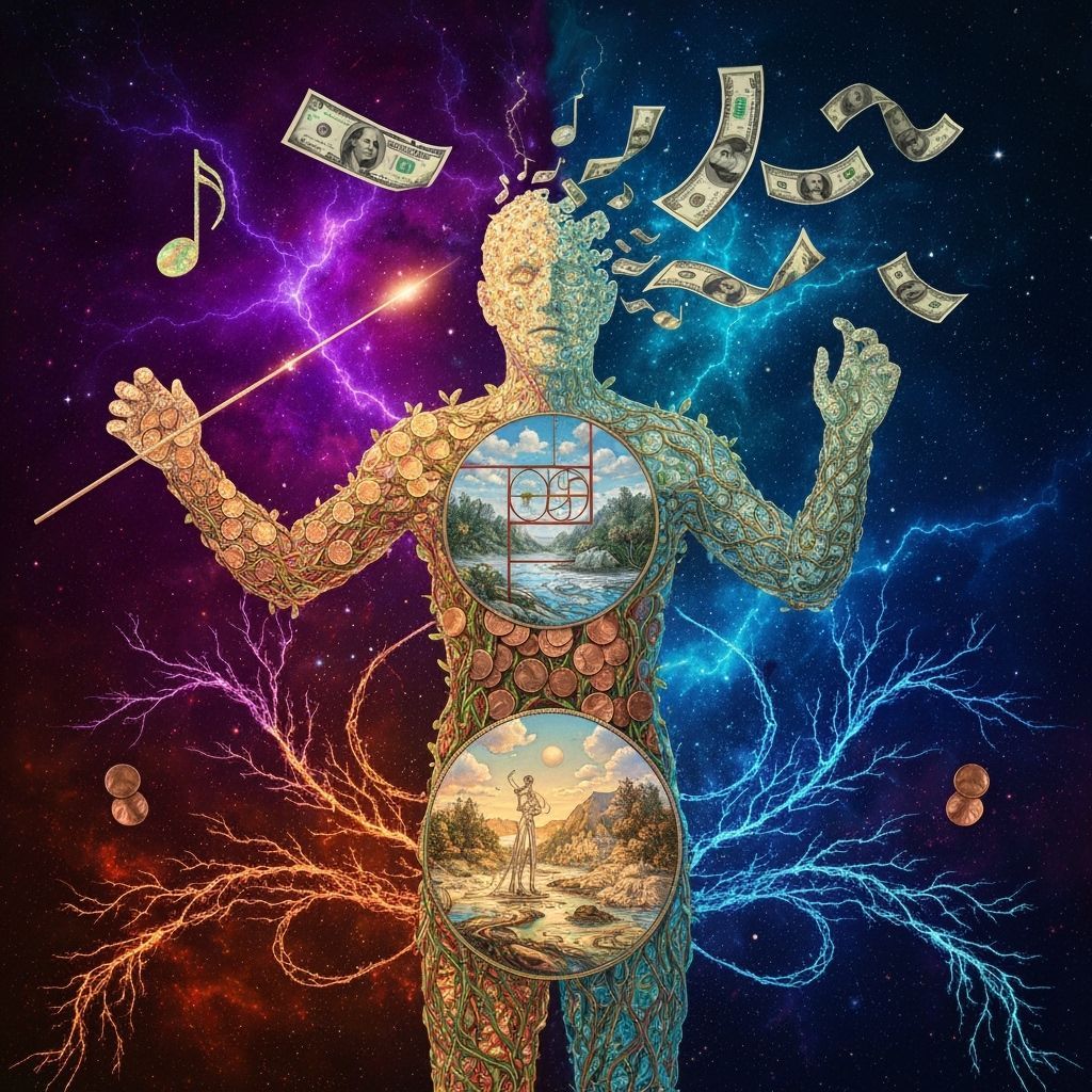 Ethereal Conductor of Money Blossoms in Cosmic Art
