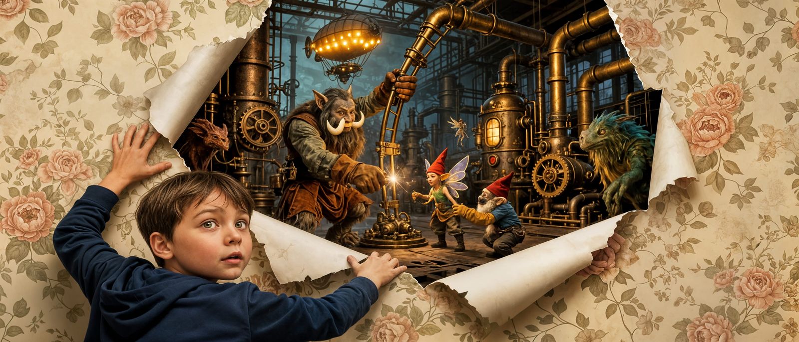 Boy Discovers Fantasy Factory Behind Wallpaper