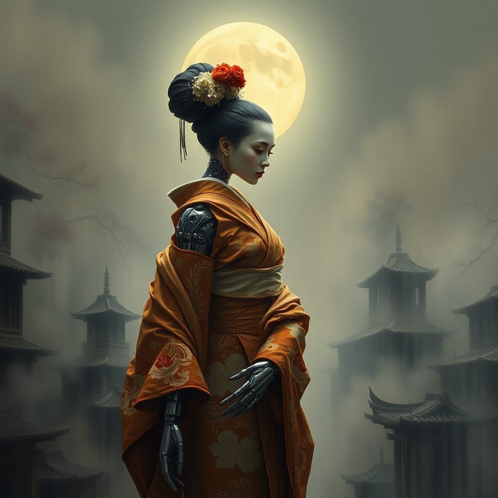 Cyborg Geisha in Ancient City, Surreal Art Deco Style