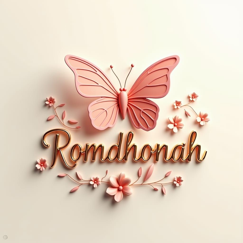 Elegant 3D Logo with Rose Butterfly and Gold Script
