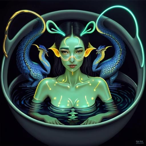 Surreal Woman Statue in Milk Bath with Dragons