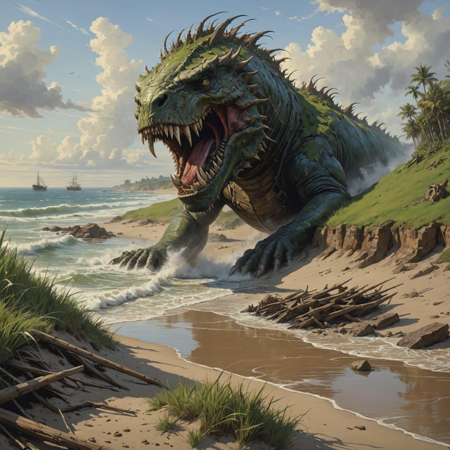 Monstrous Creature Emerging From Catastrophic Coastal Event