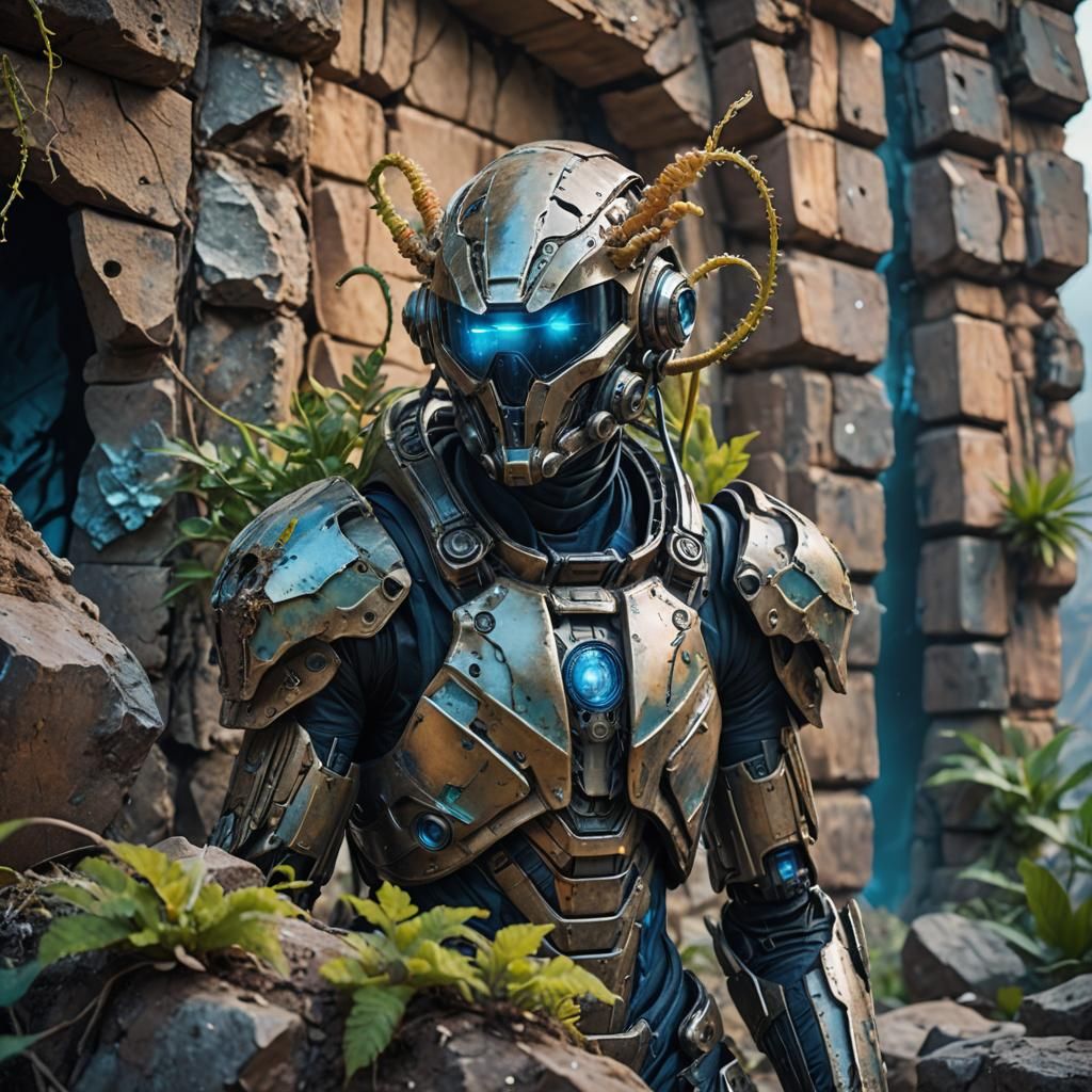 Futuristic Anthropologist Exploring Ruins on Distant Planet